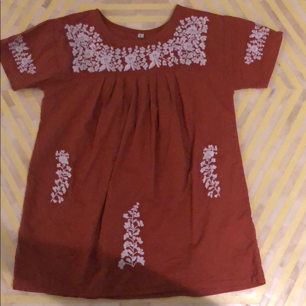 Girls Burnt Orange Embroidered Mexican Shirt 8/10